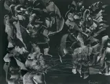 PEJZAŻ FANTASTYCZNY by Alfred Lenica, 1960, gwasz, technika własna, papier jasnoszary czerpany, offered Oct 2024