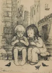 Stefania Brandt, Dzieci i ptaki, 1954, litografia, papier kremowy