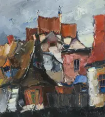 KAZIMIERZ – DOMY by Krzysztof Raczyński, 1990, olej, płótno, sold Aug 2024