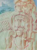 Stanisław Szukalski, PROJEKT RZEŹBY „DZIEDZIC”, 1953/1989, offset barwny, papier z suchą pieczęcią