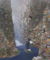 Jacek Yerka, OSTATNI CZYTELNIK, 2024, pastel, karton naklejony na tekturę