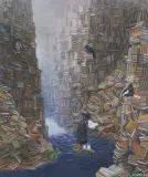 Jacek Yerka, OSTATNI CZYTELNIK, 2024, pastel, karton naklejony na tekturę