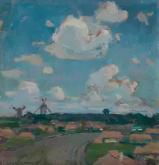 Jan Stanisławski, PEJZAŻ Z WIATRAKAMI, ok. 1905, olej, tektura naklejona na tekturę