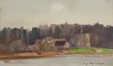 DOMY POD LASEM by Michał Gorstkin-Wywiórski, olej, płótno naciągnięte na tekturę, sold Jun 2024
