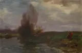 Roman Kochanowski, ZBIERAJĄCA CHRUST, olej, papier naklejony na deskę