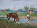SPOTKANIE NAD STRUMIENIEM by Jerzy Kossak, 1933, olej, sklejka, sold Jun 2024