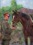 UŁAN Z KONIEM by Jerzy Kossak, 1937, olej, tektura, sold Jun 2024