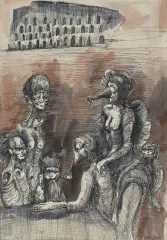 GRUPA NA TLE BUDOWLI KOLOSEUM (szkic), lata 80. by Jan Lebensztejn, tusz pióro, akwarela, papier, offered Jun 2024