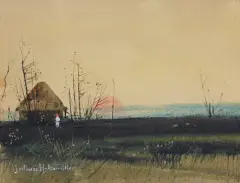 Juliusz Holzmüller, PEJZAŻ O WSCHODZIE SŁOŃCA, akwarela, gwasz, papier naklejony na tekturę