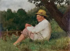 Kasper Zelechowski, ODPOCZYNEK POD DRZEWEM, 1926, olej, płótno naklejone na tekturę