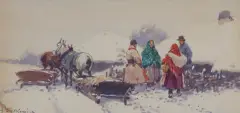 ROZMOWA PRZY SANIACH by Adam Setkowicz, gwasz, akwarela, papier naklejony na tekturę, offered May 2024