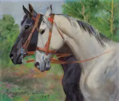 Jerzy Kossak, KONIE, 1943, olej, tektura