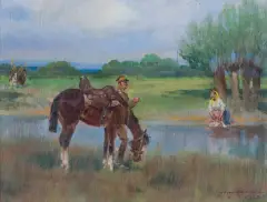 Jerzy Kossak, SPOTKANIE NAD RZEKĄ, 1930, olej, sklejka
