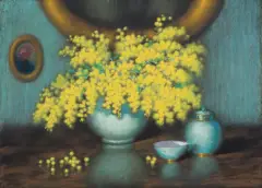 Marian Szczerbiński, MARTWA NATURA Z KWIATAMI MIMOZY, 1942, pastel, papier naklejony na tekturę