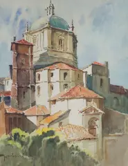 Tadeusz Nartowski, PEJZAŻ MIEJSKI, akwarela, kredka, papier,