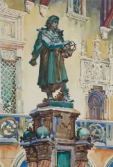 Henryk Uziemblo, POMNIK KOPERNIKA NA DZIEDZIŃCU COLLEGIUM MAIUS, akwarela, papier