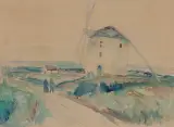 Henri Epstein, PEJZAŻ Z WIATRAKIEM, akwarela, ołówek, papier