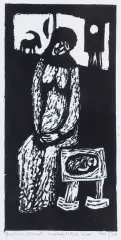 RODZYNKI I MIGDAŁY, Z CYKLU „JUDAICA” by Jerzy Duda-Gracz, 1964, linoryt, papier, sold May 2024