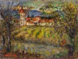 Katarzyna Librowicz, PEJZAŻ Z ZABUDOWANIAMI, olej, płótno