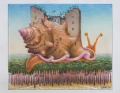 Jacek Yerka, HELIKULTURA MOBILNA, 2023, kredki, ołówek, karton