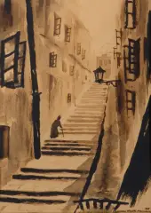 KAMIENNE SCHODKI W WARSZAWIE by Jan Mucharski, 1955, tusz pędzel, akwarela, papier, offered Apr 2024