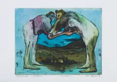 Jacek Sroka, HERKULES I ANTEUSZ, 2001, akwaforta, akwatinta barwna, papier