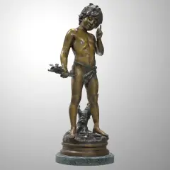 CHŁOPIEC Z PTASZKAMI by Auguste Moreau, kompozycja metali, podstawa – marmur, offered Mar 2024