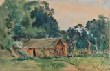 Julian Fałat, CHATA W LESIE, 1909, akwarela, gwasz, papier naklejony na tekturę