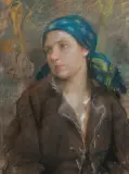 Teodor Axentowicz, DZIEWCZYNA W CHUŚCIE, pastel, papier żeberkowy
