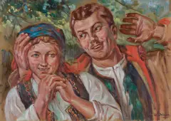 ROZEŚMIANA PARA by Wincenty Wodzinowski, olej, tektura, offered Mar 2024