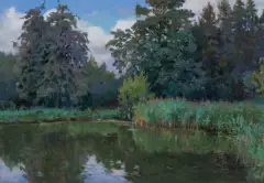 PEJZAŻ Z WODĄ by Teodor Ziomek, olej, tektura, offered Mar 2024