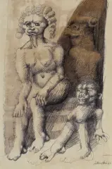 NA SCHODACH by Jan Lebensztejn, 1966, tusz pióro, akwarela, papier kremowy, sold Mar 2024