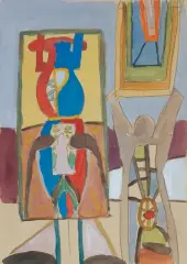 SZKIC DO OBRAZU „DEMONSTRACJA OBRAZÓW“ by Marek Włodarski, 1948, akwarela, ołówek, papier, sold Mar 2024