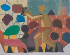 Marek Włodarski, CHŁOPIEC W OGRODZIE, 1955, olej, papier
