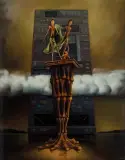 TANIEC STEREOHUMANOIDÓW by Ryszard Rosiński, 1984, olej, płótno, offered Feb 2024