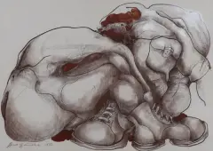 NA BIWAKU by Andrzej Domżalski, 1997, tusz, akryl, pastel, karton, offered Feb 2024