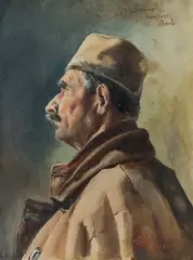 Michał Sozański, PORTRET SERBA, 1918, gwasz, akwarela, ołówek, papier nakl. na tekturę