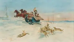 Tadeusz Rybkowski, POLOWANIE NA WILKI, 1896, akwarela, papier