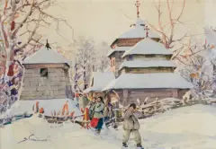 Stanisław Gibiński, PO NABOŻEŃSTWIE, przed 1939, akwarela, papier