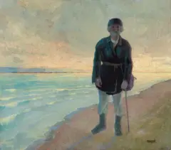 NAD BRZEGIEM MORZA by Stanisław Szygell, olej, tektura, sold Dec 2023