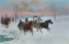 POGOŃ ZA ROSYJSKIM OFICEREM – SCENA Z POWSTANIA by Jan Chełmiński, olej, płótno dublowane, offered Dec 2023