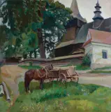 Stanisław Kamocki, PRZED KOŚCIOŁEM W WOLI RADZISZOWSKIEJ, olej, płótno