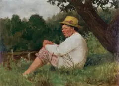 Kasper Zelechowski, ODPOCZYNEK POD DRZEWEM, 1926, olej, płótno naklejone na tekturę