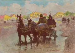 Zygmunt Rozwadowski, W DRODZE, olej, tektura