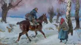 SPOTKANIE NA DRODZE by Wojciech Kossak, olej, płótno naklejone na tekturę, sold Dec 2023