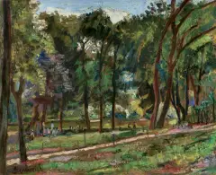 Natan Grunsweigh, W PARKU, olej, tektura