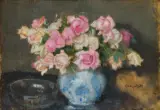 Alfons Karpiński, RÓŻE W PORCELANOWYM WAZONIE, olej, tektura