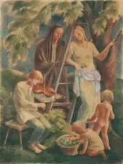 Wacław Borowski, ZBIÓR OWOCÓW. WIECZÓR. JESIEŃ, ok. 1927, pastel, ołówek, papier