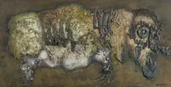 Jan Lebensztejn, RHINOCÉROS, 1964, olej, płótno, collage