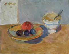 Maurice Blond, MARTWA NATURA Z TALERZEM OWOCÓW, 1952, olej, płótno